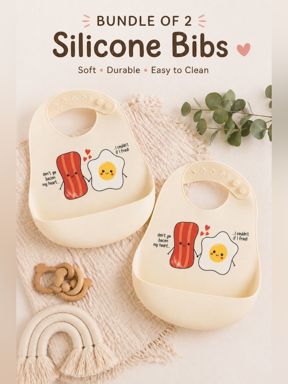 Silicone Baby Bib Set of 2 Crumb Catcher Waterproof Feeding Bibs Bacon Eggs